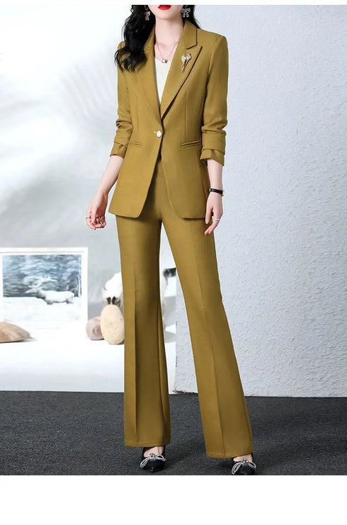 Elegant Women's Blazer Coat and Trousers Suit Set - Stylish Casual Outfit for Office and Autumn Wear with Flare Pants and Slim Fit Design