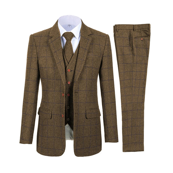 Vintage Brown Plaid Tweed Three-Piece Suit Set for Men – Perfect for Weddings and Formal Occasions