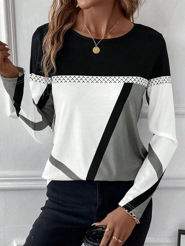 Casual Women's Geometric Print Long Sleeve T-Shirt Loose Fit O-Neck Tee