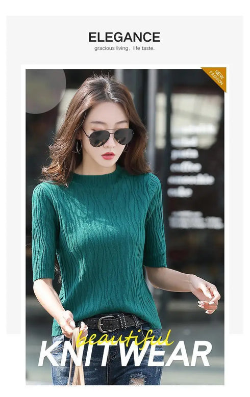 Half Turtleneck Ice Silk T-shirt Women's Sweater Mid-sleeved Temperament Versatile Top Fashionable Inner Wear Summer New Style