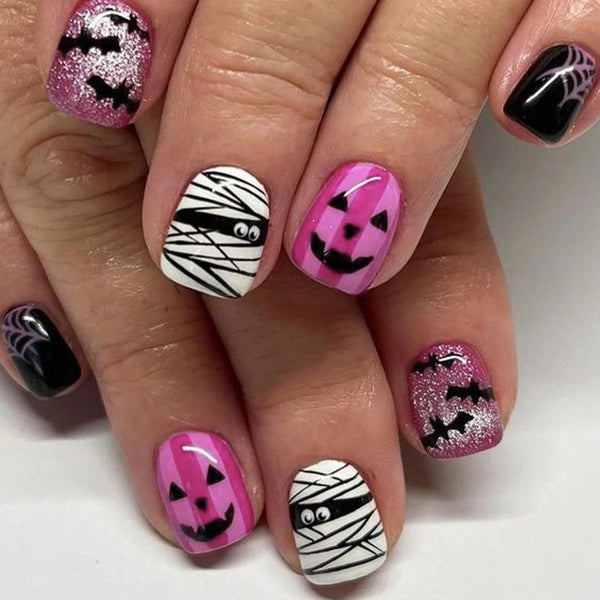 Halloween Themed Press on Nails with Spooky Bat and Spider Web Designs - Short Matte Acrylic False Nails for Festive Parties and DIY Nail Art