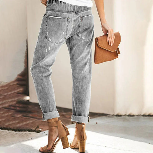 Women's Summer Casual Commuter Straight Leg Jeans with Elastic Waist and Drawstring Tie, Featuring Ripped and Bleached Details for Trendy Outfit Ideas