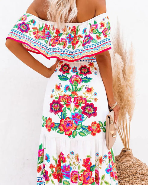 Elegant One-shoulder Short-sleeved Dress For Women Fashion Splicing Floral Print Dresses