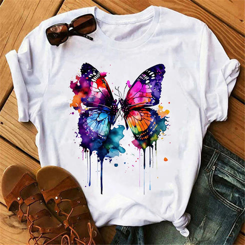 Womens Butterfly Tree Print Harajuku T-Shirt Casual Short Sleeve Summer Top