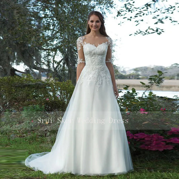 A-Line Wedding Dress With Illusion Sleeves And Lace Appliques Organza Satin Gown