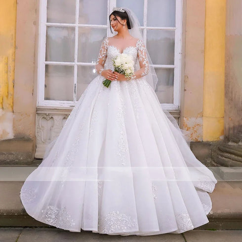 Customized Glitter Long Sleeves Ball Gown Wedding Dress for Women Bride with Chapel Train