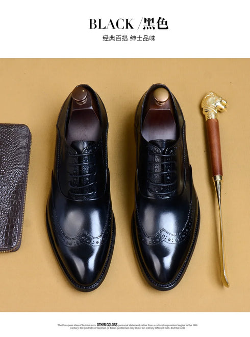 Genuine Cow Leather Brogue Oxford Shoes for Men Vintage Handmade Casual Flats