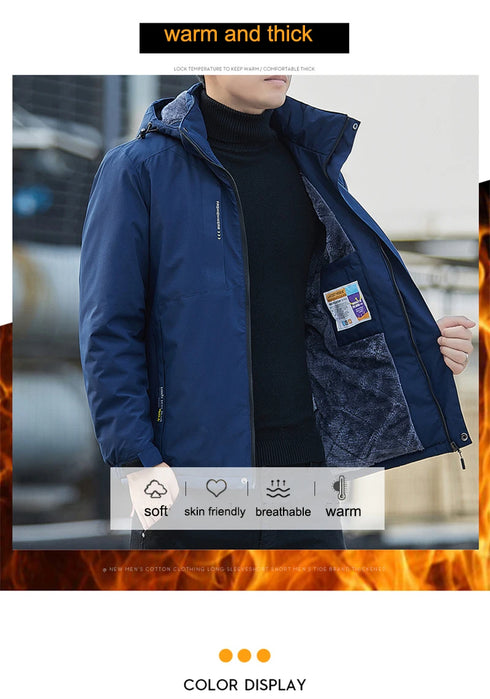 Plush Waterproof Autumn Winter Jacket for Men - Casual Windproof Coat with Detachable Hood and Rib Sleeves, Perfect for Daily Wear and Spring Cotton Comfort