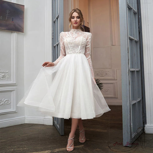 Customized High Neck Short Wedding Dress Full Sleeve Applique Soft Tulle Organza Bridal Gown