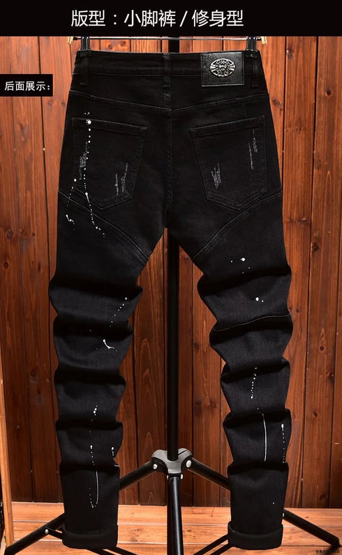 Retro Ripped Black Stretch Jeans Men's Casual Comfort Pants