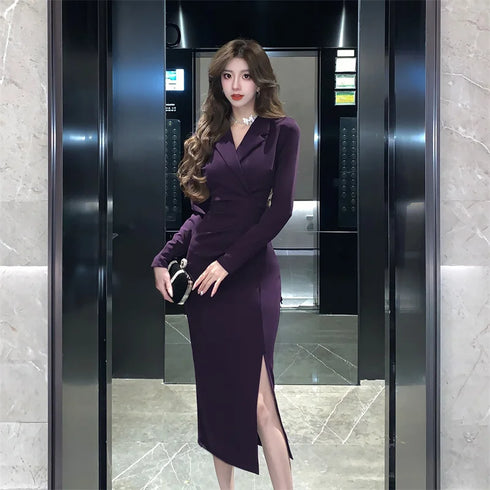 Purpled Elegant Pleated Bodycon Suit Dress for Women Chic Formal Dress