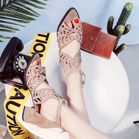 Rhinestone Faux Leather Hollow Out Thick Heel Sandals