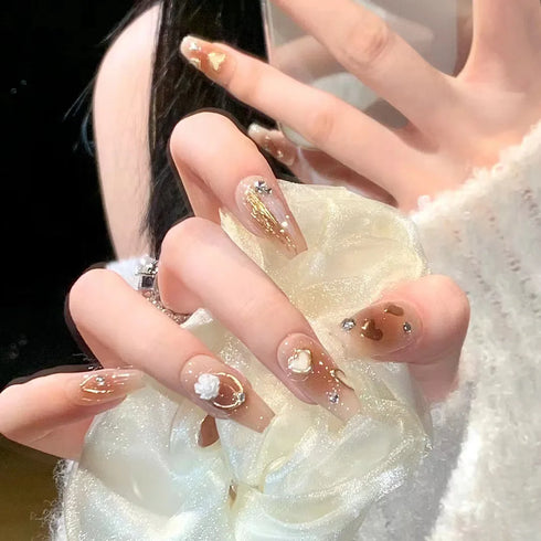 24Pcs Long Acrylic Ballet Fake Nails with Rhinestone Chain Design - Full Cover Press-On Nail Tips for Stylish Nail Art Enthusiasts