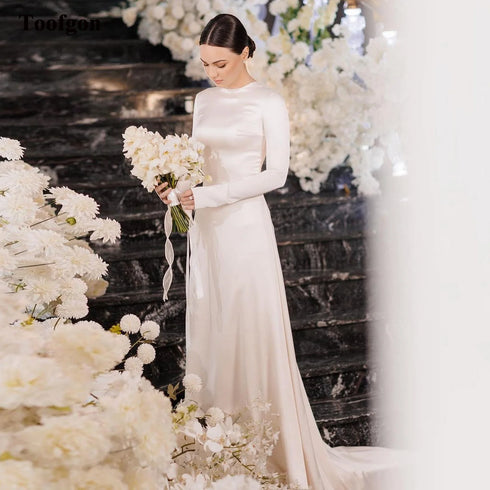 Modest Muslim Wedding Dresses For Bride High Neck Long Sleeves