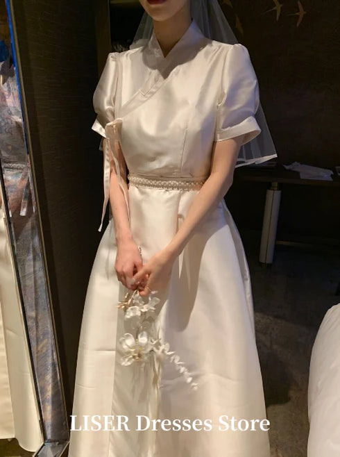 A-Line Elegant Wedding Dress With Lace-Up Back Short Sleeves Silk Satin Modern Gown