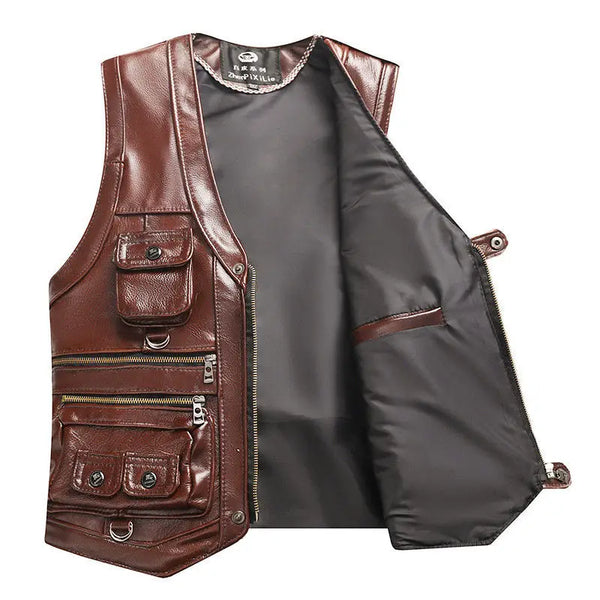 Men's Genuine Leather Biker Vest for Autumn and Winter - Stylish Top Layer Cowhide Outerwear with Multiple Pockets for Photography and Travel