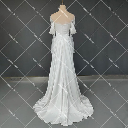 Customized Illusion Tulle Off Shoulder Lace Wedding Gowns A Line Long Sleeves Ruched Satin Bridal Dress