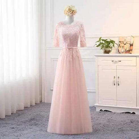 Bridesmaid Dress Elegant Floor-Length Organza Backless Lace With Built-In Bra Bridesmaid Dress Lace Appliques
