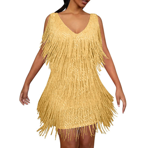 Plus Size Sexy V-Neck Tassel Mini Dress for Women Elegant Sleeveless Evening Party Dress