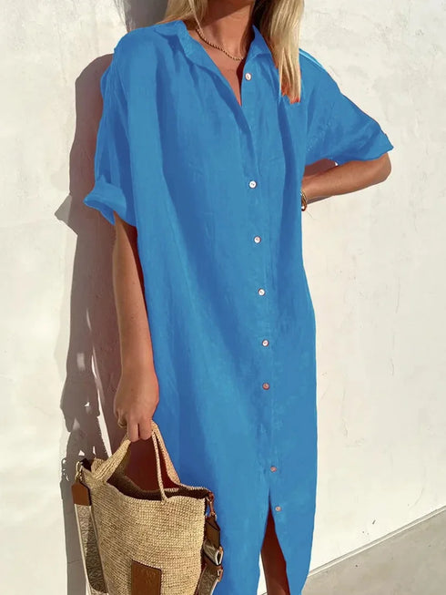 Women's Elegant Summer Shirt Dress Loose Fit Cotton Linen with Pockets