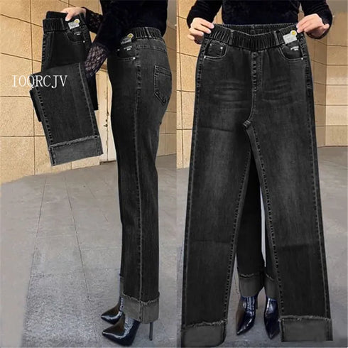 Elastic Waist Jeans For Women High Waist Wide Leg Denim Pants Loose Fit Casual Trousers