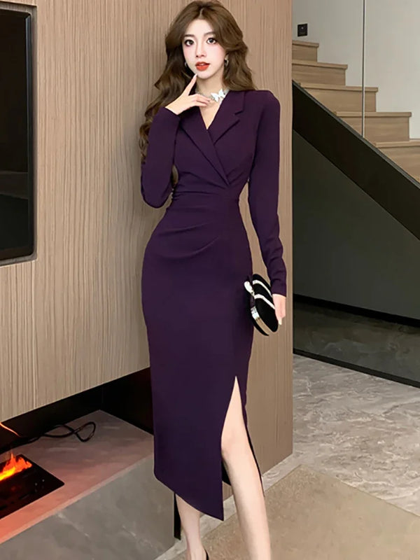Purpled Elegant Pleated Bodycon Suit Dress for Women Chic Formal Dress