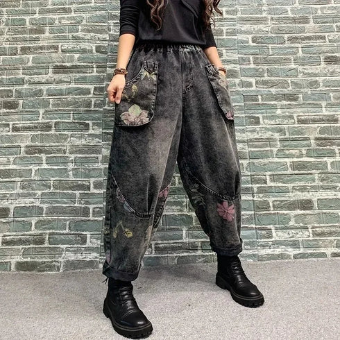 Harem Style Printed Jeans For Women Elastic Waist Denim Pants Casual Loose Relaxed Fit