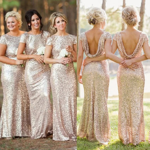 Sequined Bridesmaid Dresses Mermaid Style With Short Sleeves And O Neck For Summer Formal Wedding Party