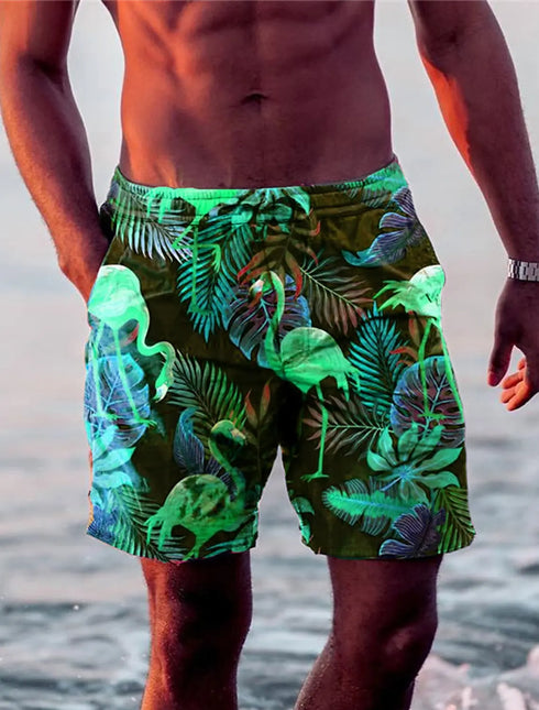 Men's Swim Shorts Drawstring Leaf Flamingo Quick Dry Trunks