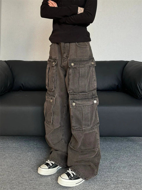Baggy High Waist Cargo Jeans for Women - Vintage Japanese 2000s Style Denim Trousers Perfect for Fall Outfits and Aesthetic Streetwear