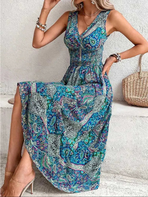 Fashion Sleeveless Maxi Boho Dress for Women Elegant Tank Long Dresses with Elastic Waist