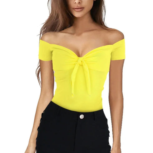 2024 euro-n spring and summer lady pure color V-neck elegant beach party slim T-shirt