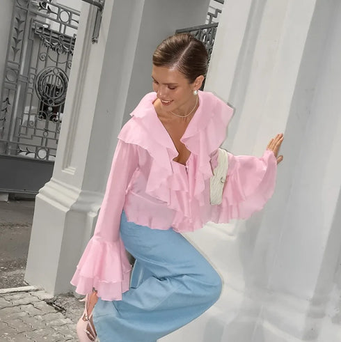 Summer Ruffle V Neck Long Sleeve Tops Casual Party Tees for Women