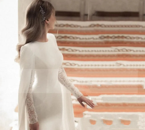 Flavinke Customized Satin Muslim Wedding Dresses O Neck Lace Long