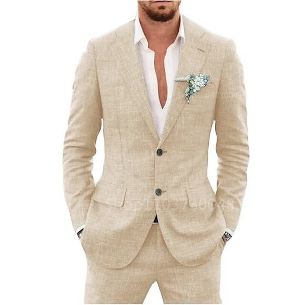 Casual 2 Piece Linen Men Suits Slim Fit Blazer Pants Set for Wedding Prom Party