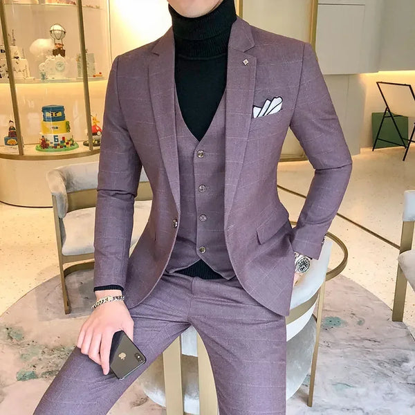 Luxury Men Dress Suits British 3Piece Set Formal Plaid Suit