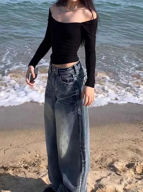90s Grunge High Waist Wide Leg Denim Pants for Women - Casual Streetwear Style, Perfect for Fall Outfits with Jeans, Oversized Baggy Look