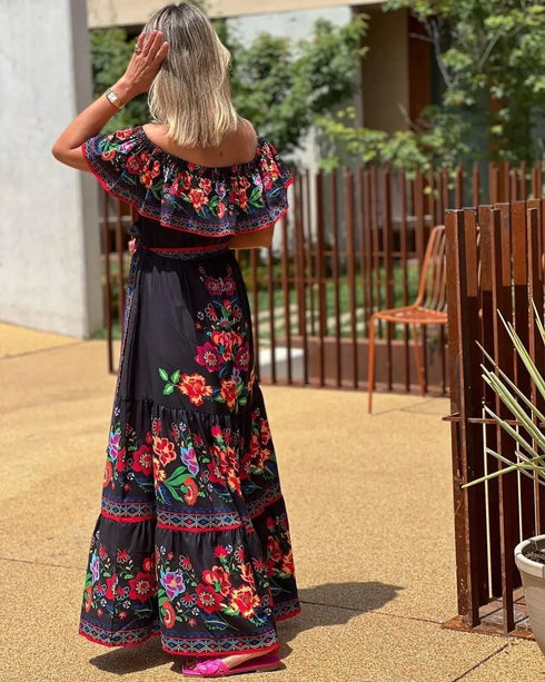 Elegant One-shoulder Short-sleeved Dress For Women Fashion Splicing Floral Print Dresses