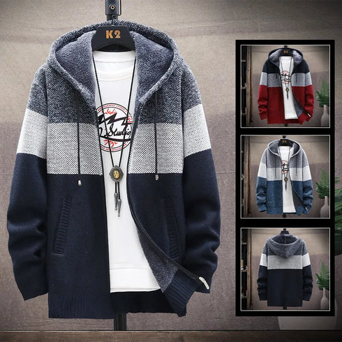 Men's Fleece Knit Sweater Coat with Stripes - Stylish Casual Jackets and Hoodies for Winter and Autumn, Thick Warm Windbreaker Pullovers for Everyday Wear