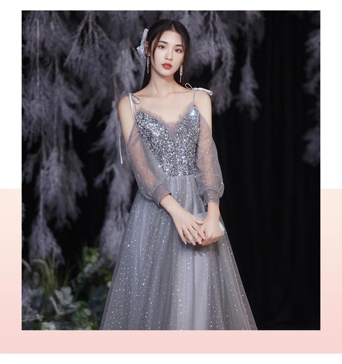 Off Shoulder Lace Illusion A Line Dress Floor Length Glitter Tulle Bow Bridesmaid Dress