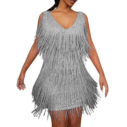 Plus Size Sexy V-Neck Tassel Mini Dress for Women Elegant Sleeveless Evening Party Dress