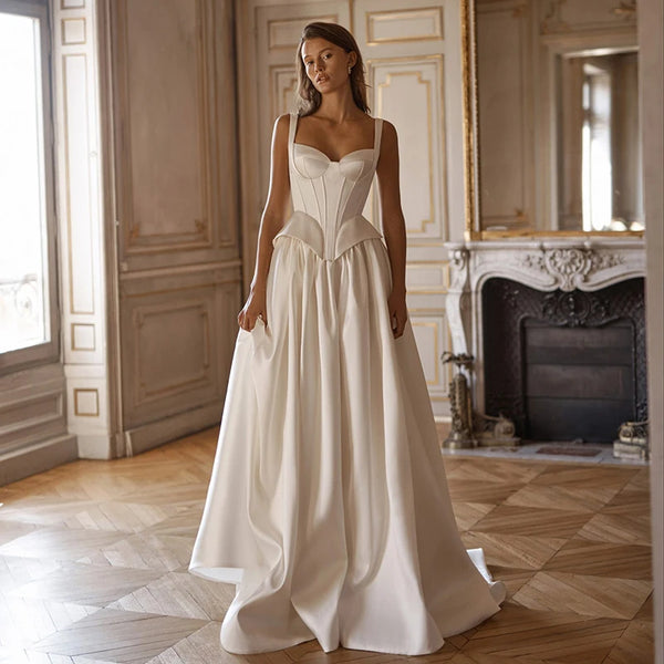 Boho Beach Long Wedding Dress Sweetheart A-Line Satin Bridal Gown Formal Prom Ball Gown