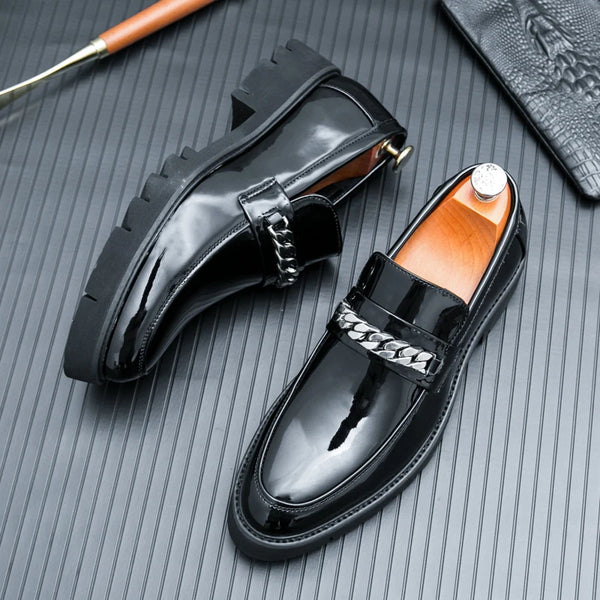 Men's Thick Sole Patent Leather Oxfords - Stylish Slip-On Derby Shoes for Casual and Formal Occasions, Height Increasing Loafers for Ultimate Comfort and Fashion