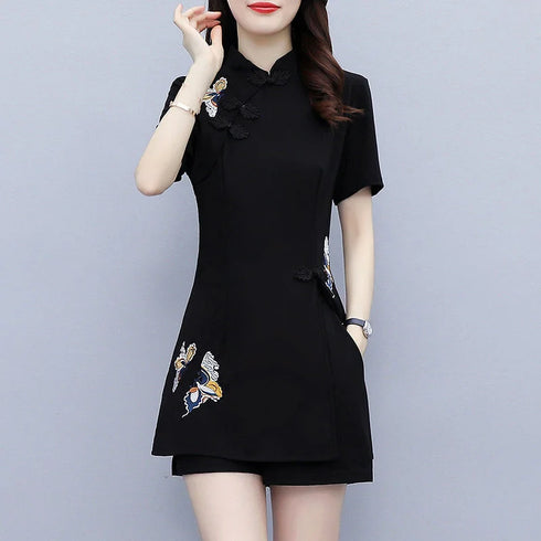 Women's Suit Chinese Style Outfits Matching Crop Top Shorts Two Piece Sets Summer Retro Cheongsam Lady Clothes