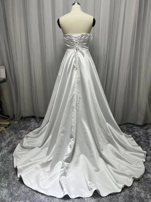 Customized Plus Size A Line Satin Strapless Wedding Dress Gowns