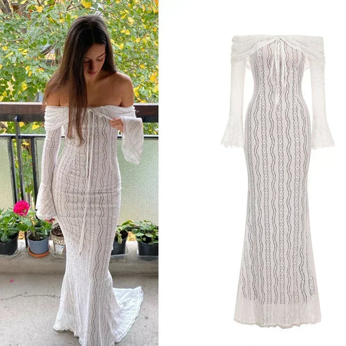 Suninheart White Off The Shoulder Bodycon Dress Wedding Guest Dress for Women