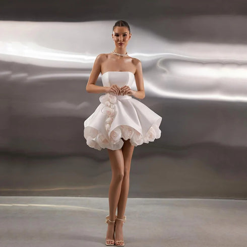 Strapless Mini Prom Dress Satin Backless Illusion A Line Party Cocktail Dress