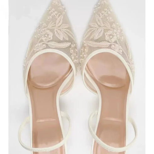 Mesh Embroidered Floral Slingback Heels Sandals For Women