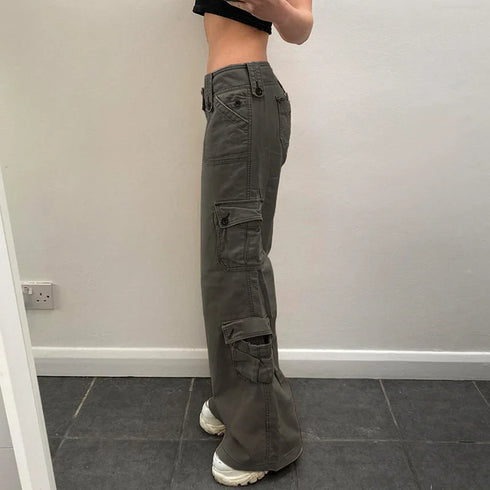 Vintage-Inspired Low Waist Y2K Cargo Pants for Women - Trendy Straight Denim Jeans with Pockets for Effortless Streetwear Looks and Fall Outfits with Jeans