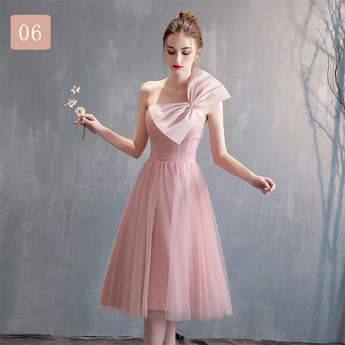 Bridesmaid Dress Tea-Length Tulle With Built-In Bra, V-Neck Pleated Design For Prom And Wedding Dress